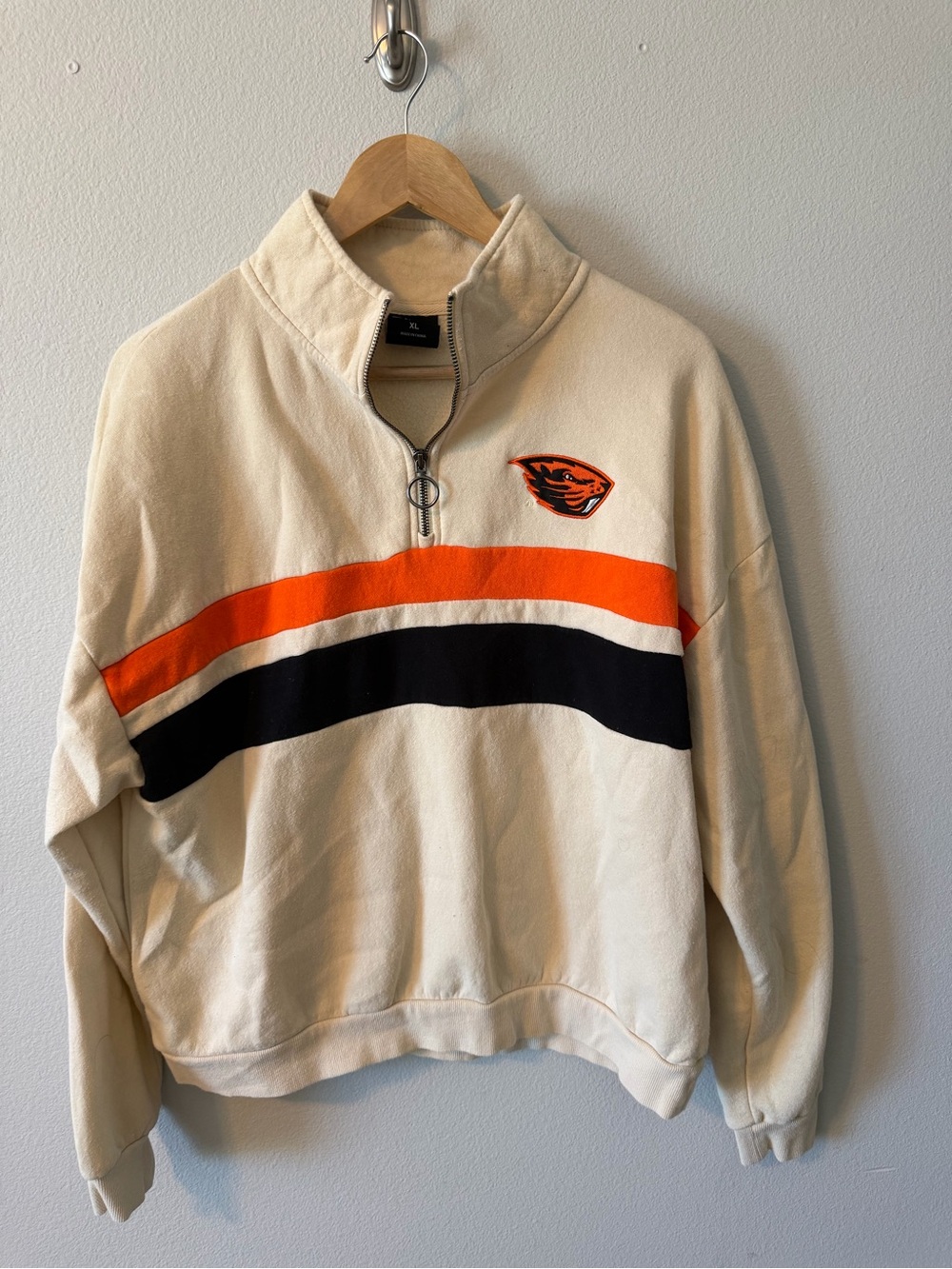 Beige Oregon State Retro Quarter-Zip Sweater with Orange and Black Stripes